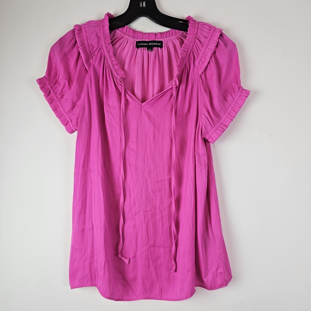 Catherine Malandrino Blouse Top Ruffle Satin Hot Pink Small Pullover SS Ties